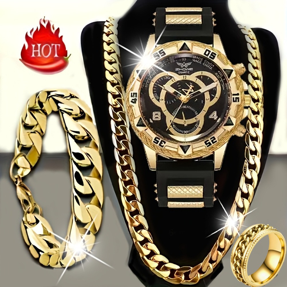 4‑Piece Luxury Men’s Watch and - Men'S Minimalist Accessories 评论和价格